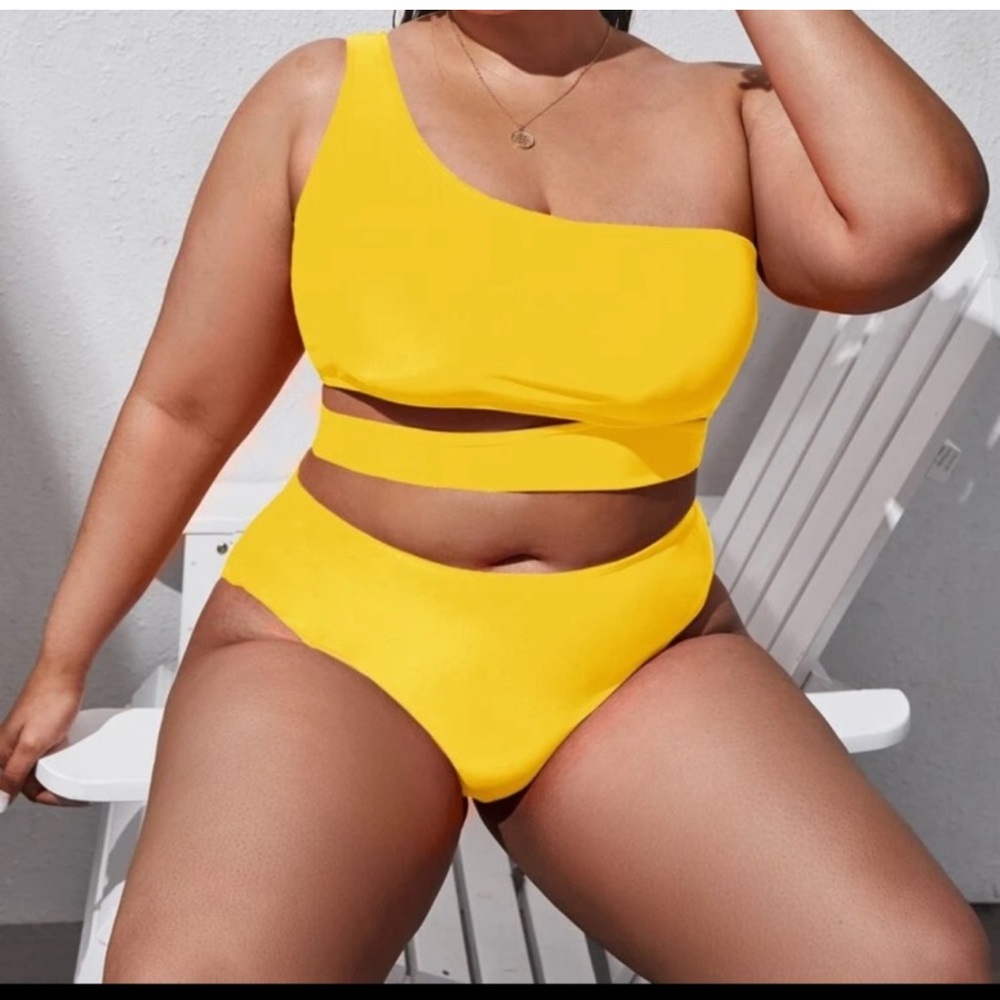 SHEIN one shoulder cut out yellow bikini